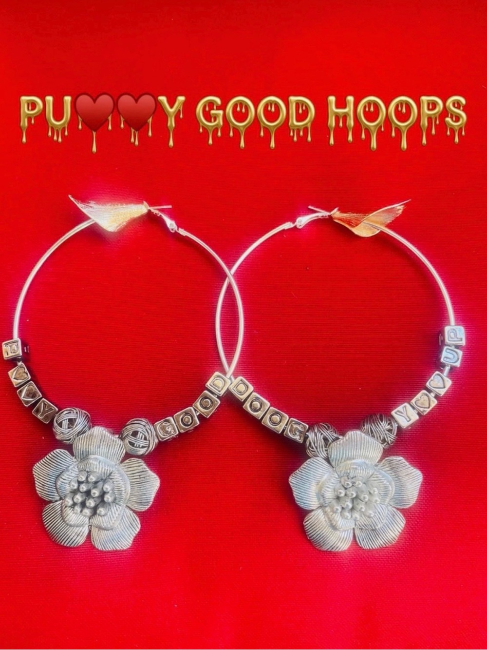 Silver Floral Hoop Earrings with Letter Beads